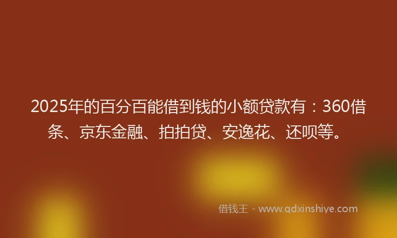 2025年的百分百能借到钱的小额贷款有：360借条、京东金融、拍拍贷、安逸花、还呗等。