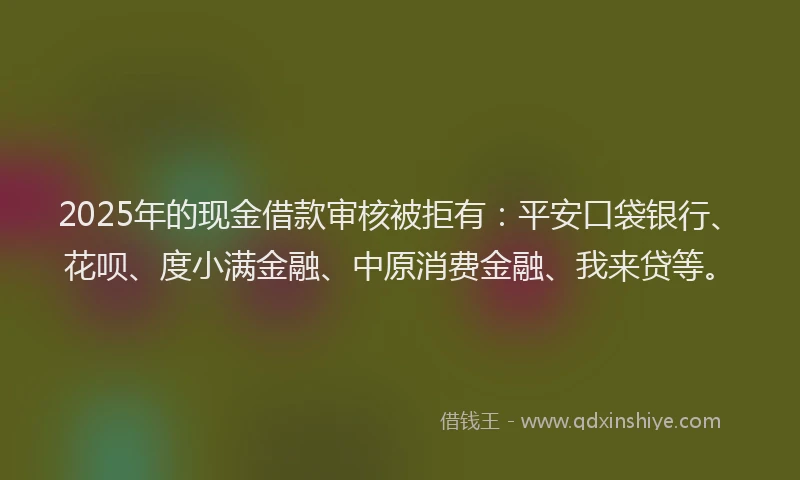 2025年的现金借款审核被拒有：平安口袋银行、花呗、度小满金融、中原消费金融、我来贷等。