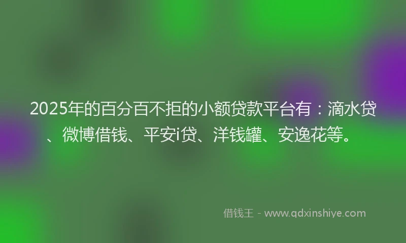 2025年的百分百不拒的小额贷款平台有：滴水贷、微博借钱、平安i贷、洋钱罐、安逸花等。