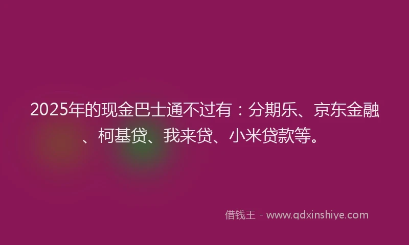 2025年的现金巴士通不过有：分期乐、京东金融、柯基贷、我来贷、小米贷款等。