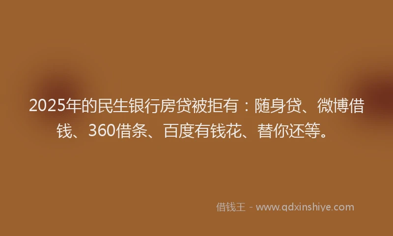 2025年的民生银行房贷被拒有：随身贷、微博借钱、360借条、百度有钱花、替你还等。