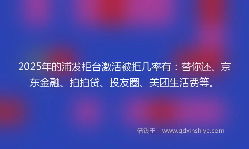 2025年的浦发柜台激活被拒几率有：替你还、京东金融、拍拍贷、投友圈、美团生活费等。