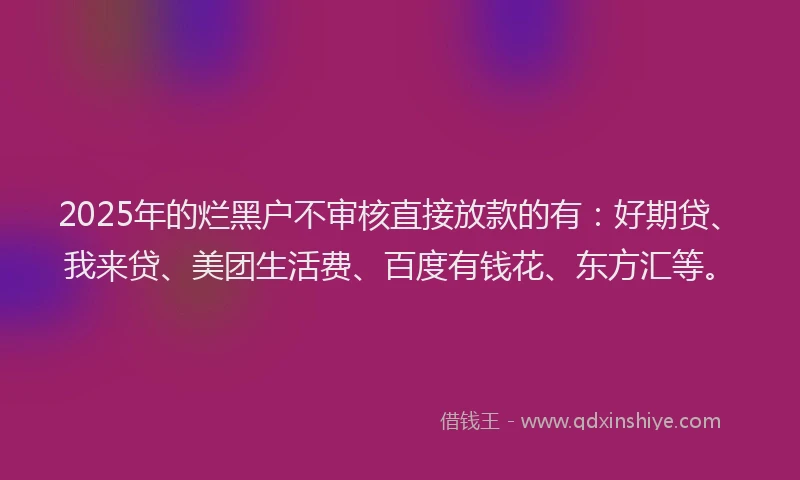 2025年的烂黑户不审核直接放款的有：好期贷、我来贷、美团生活费、百度有钱花、东方汇等。