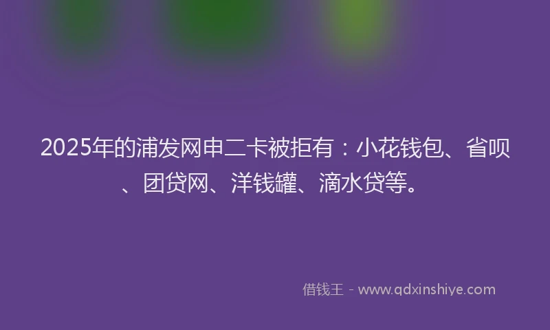 2025年的浦发网申二卡被拒有：小花钱包、省呗、团贷网、洋钱罐、滴水贷等。