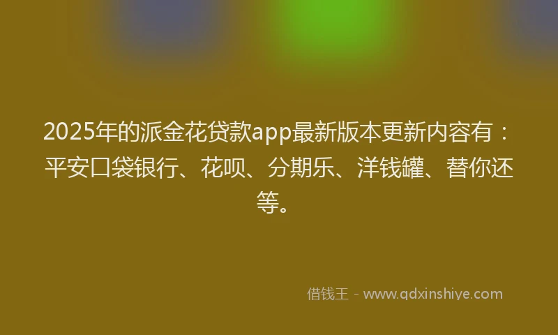 2025年的派金花贷款app最新版本更新内容有：平安口袋银行、花呗、分期乐、洋钱罐、替你还等。