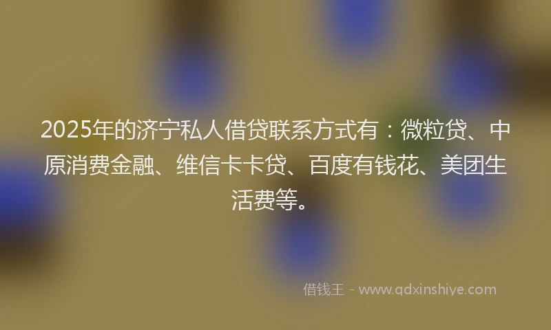 2025年的济宁私人借贷联系方式有：微粒贷、中原消费金融、维信卡卡贷、百度有钱花、美团生活费等。