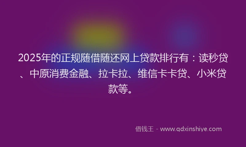 2025年的正规随借随还网上贷款排行有：读秒贷、中原消费金融、拉卡拉、维信卡卡贷、小米贷款等。