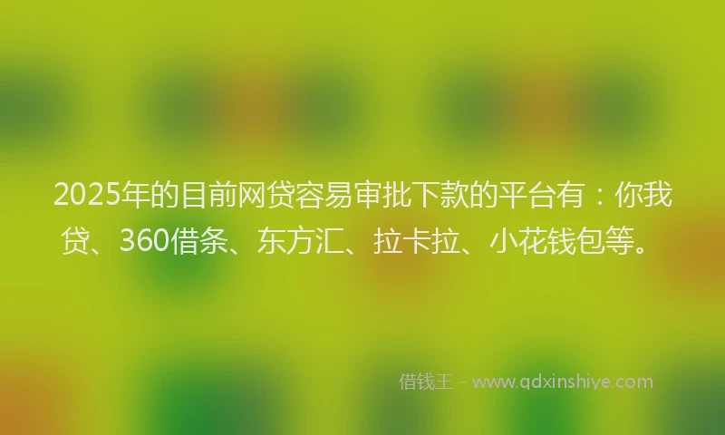 2025年的目前网贷容易审批下款的平台有：你我贷、360借条、东方汇、拉卡拉、小花钱包等。