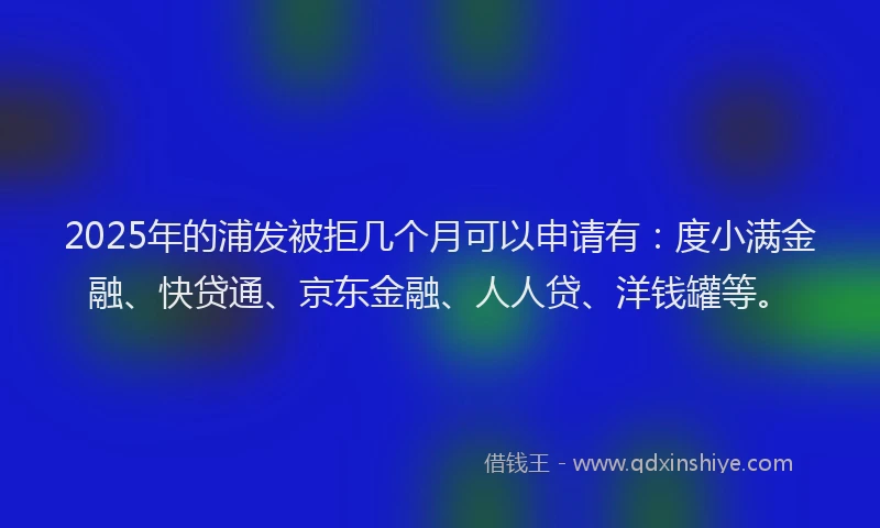 2025年的浦发被拒几个月可以申请有：度小满金融、快贷通、京东金融、人人贷、洋钱罐等。