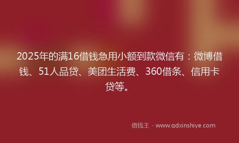 2025年的满16借钱急用小额到款微信有：微博借钱、51人品贷、美团生活费、360借条、信用卡贷等。