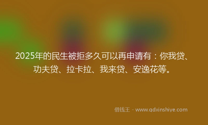 2025年的民生被拒多久可以再申请有：你我贷、功夫贷、拉卡拉、我来贷、安逸花等。