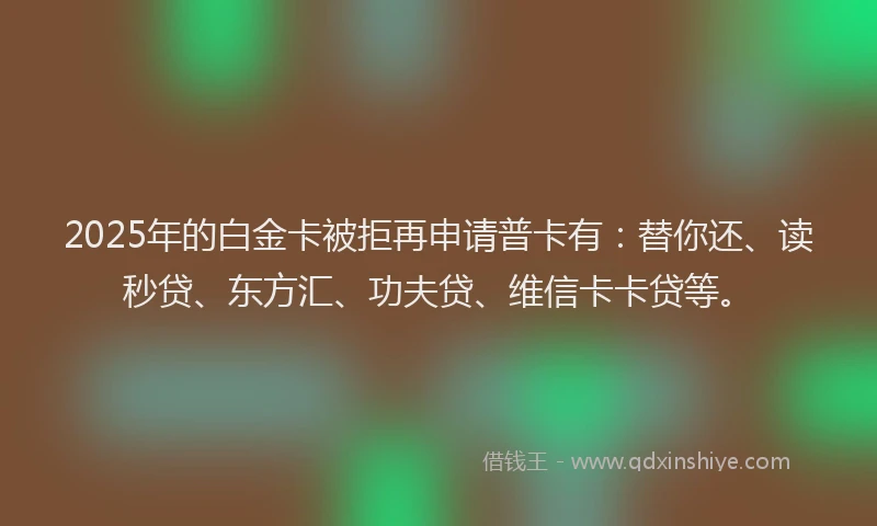 2025年的白金卡被拒再申请普卡有：替你还、读秒贷、东方汇、功夫贷、维信卡卡贷等。