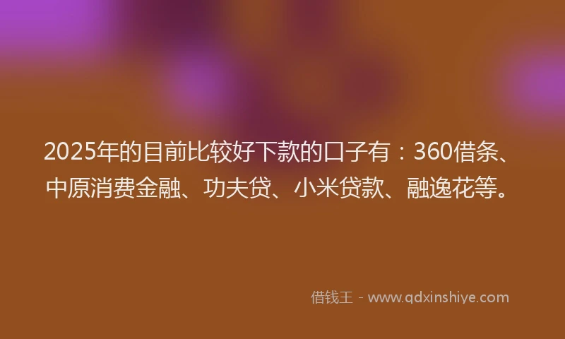 2025年的目前比较好下款的口子有：360借条、中原消费金融、功夫贷、小米贷款、融逸花等。