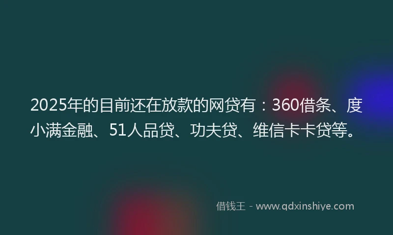 2025年的目前还在放款的网贷有：360借条、度小满金融、51人品贷、功夫贷、维信卡卡贷等。