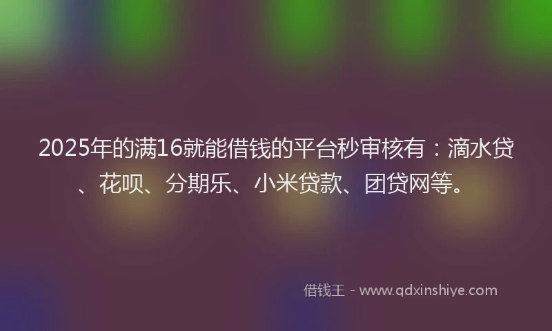 2025年的满16就能借钱的平台秒审核有：滴水贷、花呗、分期乐、小米贷款、团贷网等。