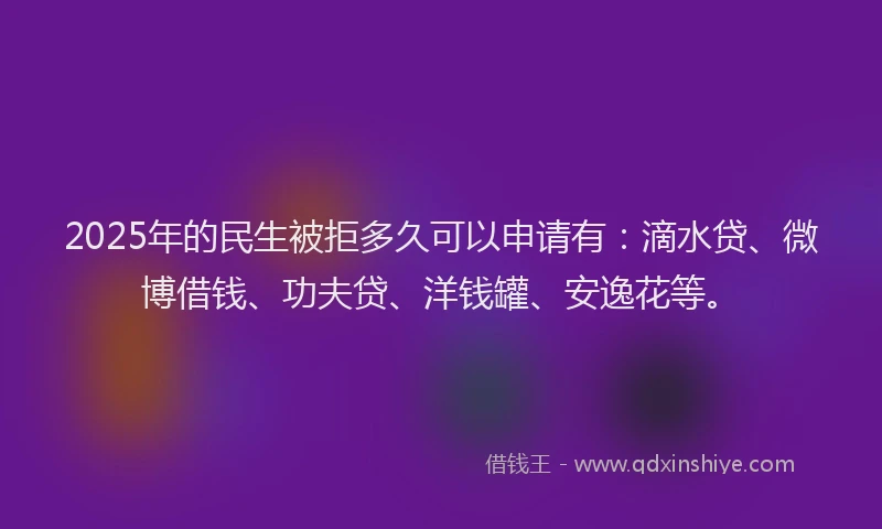 2025年的民生被拒多久可以申请有：滴水贷、微博借钱、功夫贷、洋钱罐、安逸花等。