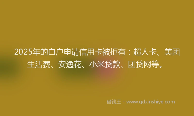 2025年的白户申请信用卡被拒有：超人卡、美团生活费、安逸花、小米贷款、团贷网等。