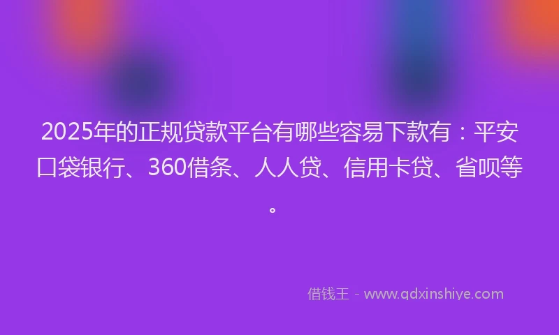 2025年的正规贷款平台有哪些容易下款有：平安口袋银行、360借条、人人贷、信用卡贷、省呗等。