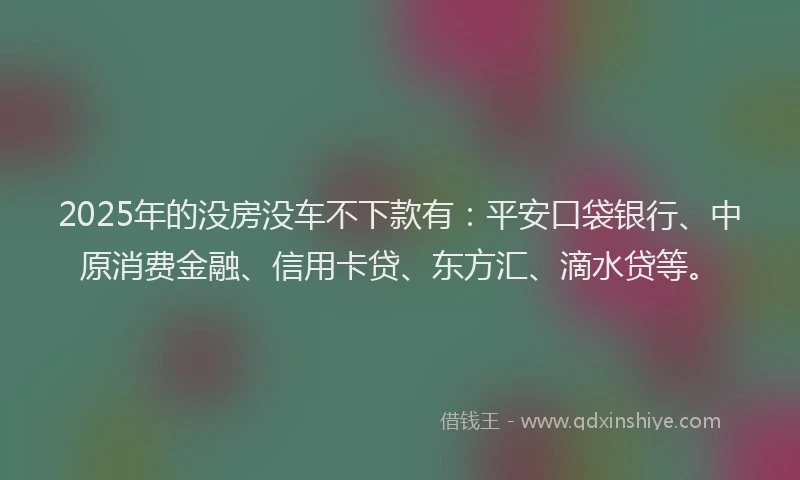 2025年的没房没车不下款有：平安口袋银行、中原消费金融、信用卡贷、东方汇、滴水贷等。