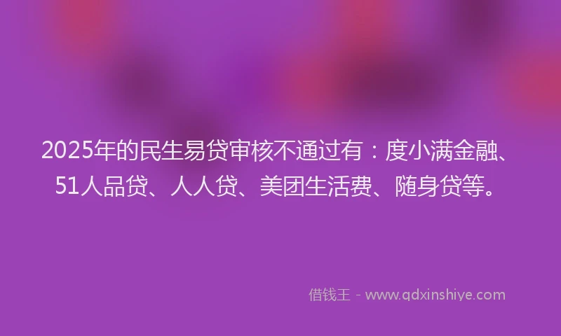 2025年的民生易贷审核不通过有：度小满金融、51人品贷、人人贷、美团生活费、随身贷等。