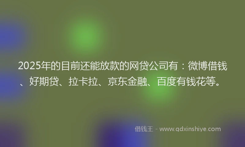 2025年的目前还能放款的网贷公司有：微博借钱、好期贷、拉卡拉、京东金融、百度有钱花等。