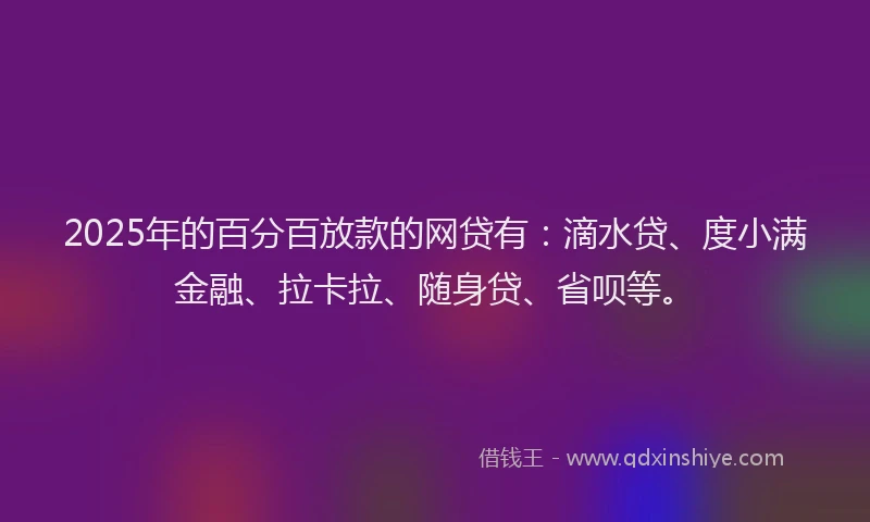 2025年的百分百放款的网贷有：滴水贷、度小满金融、拉卡拉、随身贷、省呗等。