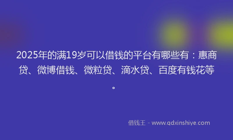 2025年的满19岁可以借钱的平台有哪些有：惠商贷、微博借钱、微粒贷、滴水贷、百度有钱花等。