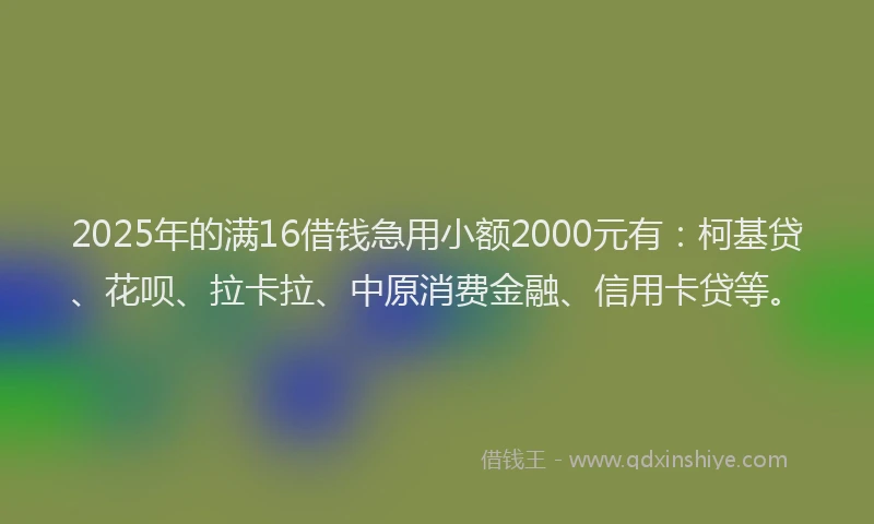 2025年的满16借钱急用小额2000元有：柯基贷、花呗、拉卡拉、中原消费金融、信用卡贷等。