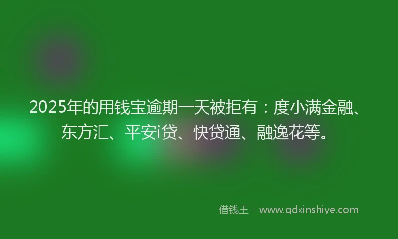 2025年的用钱宝逾期一天被拒有：度小满金融、东方汇、平安i贷、快贷通、融逸花等。