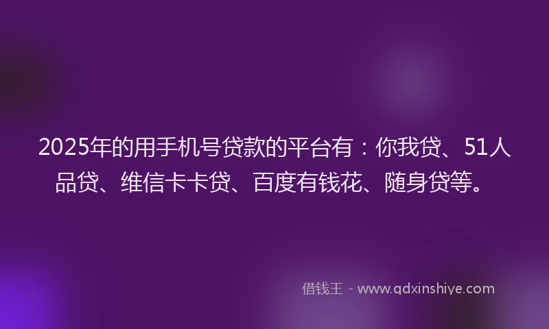 2025年的用手机号贷款的平台有：你我贷、51人品贷、维信卡卡贷、百度有钱花、随身贷等。