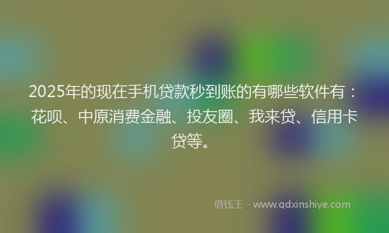 2025年的现在手机贷款秒到账的有哪些软件有：花呗、中原消费金融、投友圈、我来贷、信用卡贷等。