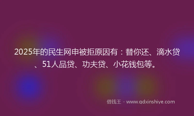 2025年的民生网申被拒原因有：替你还、滴水贷、51人品贷、功夫贷、小花钱包等。