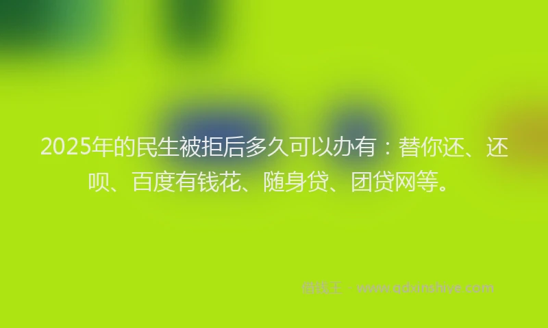 2025年的民生被拒后多久可以办有：替你还、还呗、百度有钱花、随身贷、团贷网等。