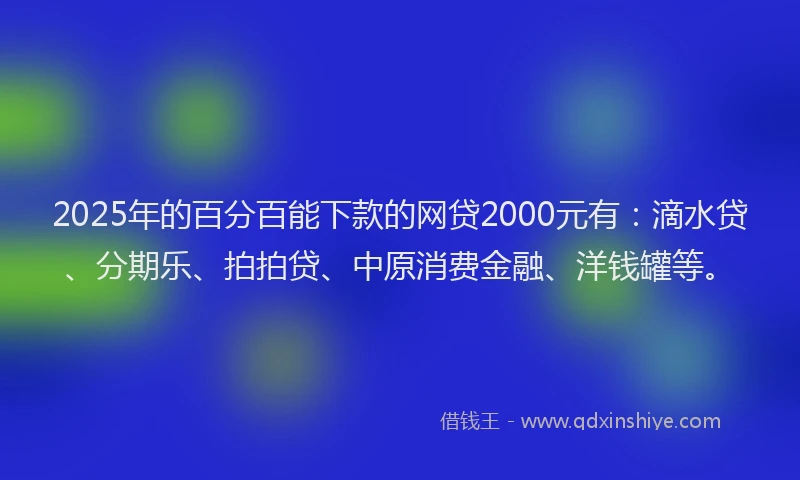 2025年的百分百能下款的网贷2000元有：滴水贷、分期乐、拍拍贷、中原消费金融、洋钱罐等。