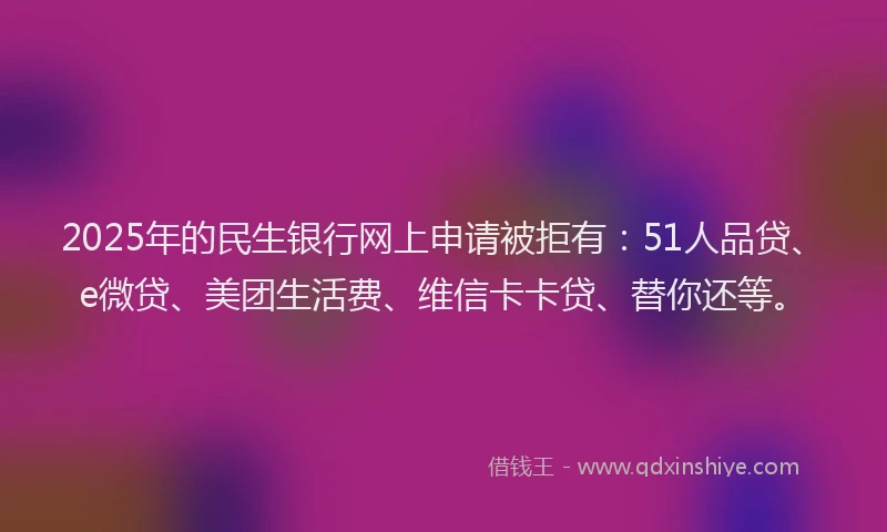 2025年的民生银行网上申请被拒有：51人品贷、e微贷、美团生活费、维信卡卡贷、替你还等。