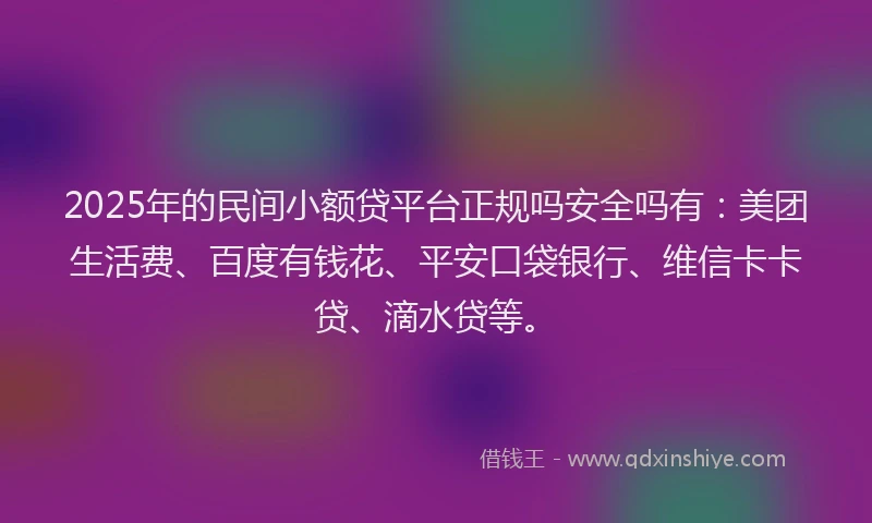 2025年的民间小额贷平台正规吗安全吗有：美团生活费、百度有钱花、平安口袋银行、维信卡卡贷、滴水贷等。