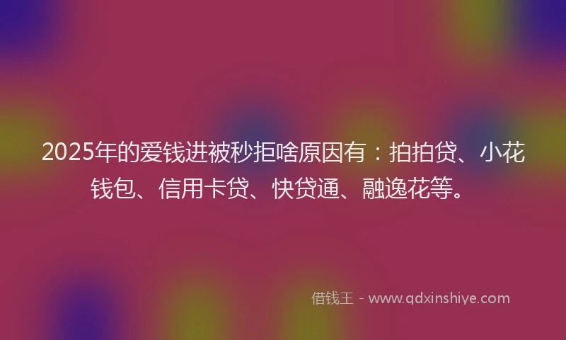 2025年的爱钱进被秒拒啥原因有：拍拍贷、小花钱包、信用卡贷、快贷通、融逸花等。