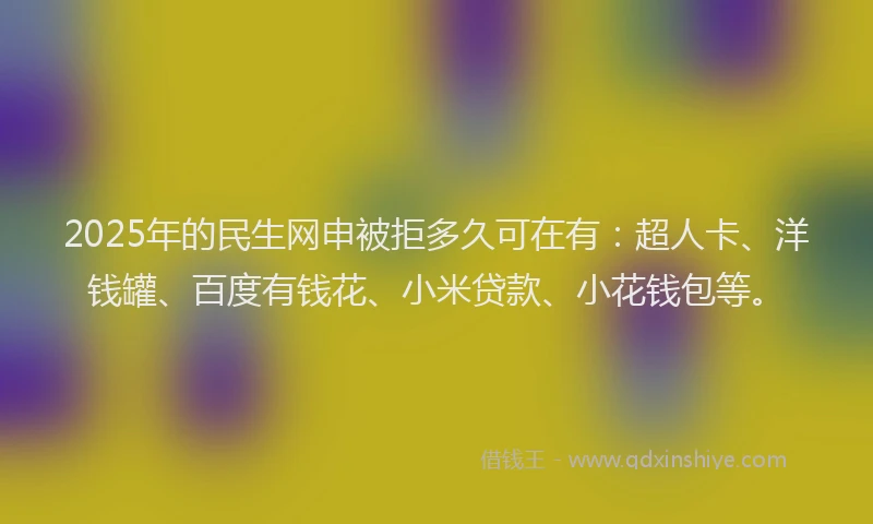 2025年的民生网申被拒多久可在有：超人卡、洋钱罐、百度有钱花、小米贷款、小花钱包等。