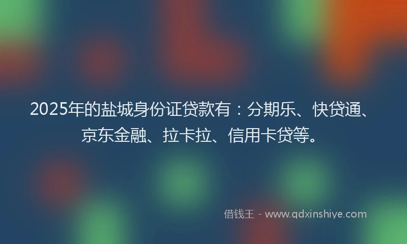 2025年的盐城身份证贷款有：分期乐、快贷通、京东金融、拉卡拉、信用卡贷等。