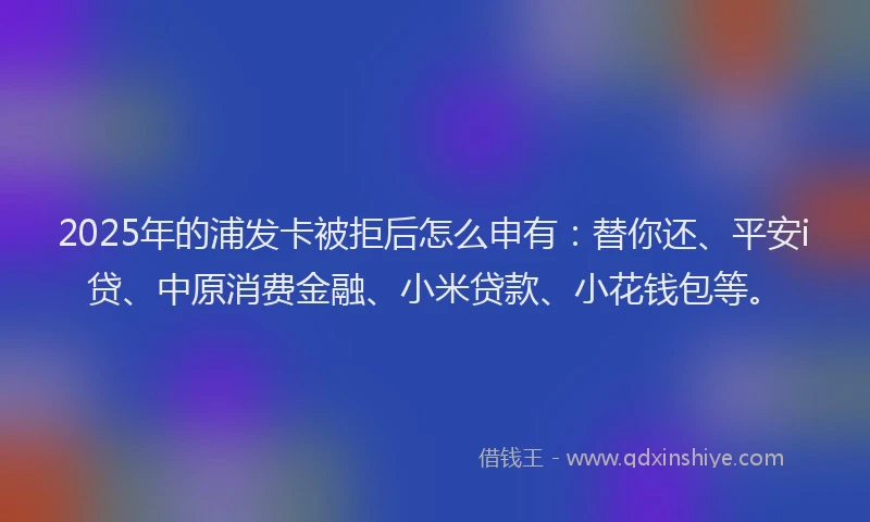 2025年的浦发卡被拒后怎么申有：替你还、平安i贷、中原消费金融、小米贷款、小花钱包等。