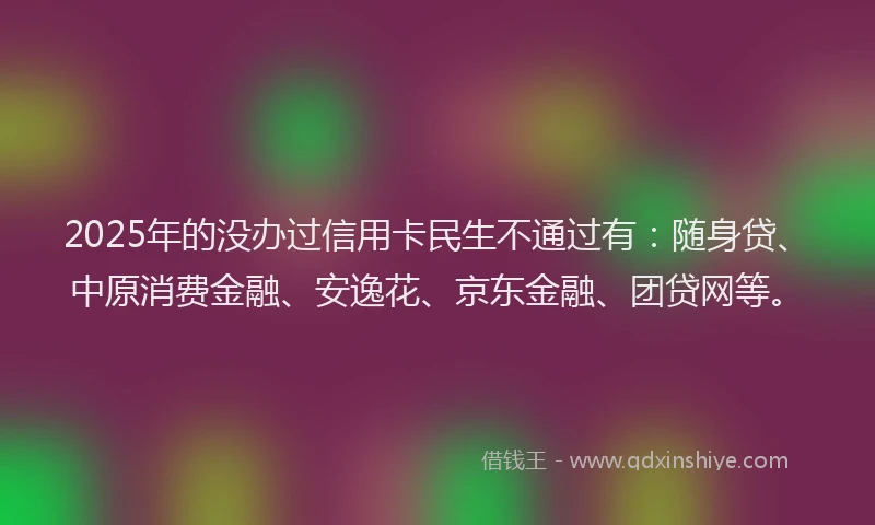 2025年的没办过信用卡民生不通过有：随身贷、中原消费金融、安逸花、京东金融、团贷网等。