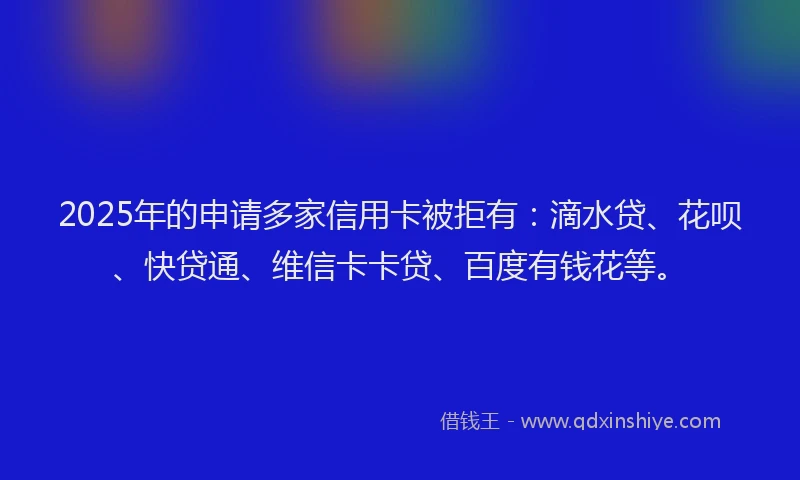 2025年的申请多家信用卡被拒有：滴水贷、花呗、快贷通、维信卡卡贷、百度有钱花等。
