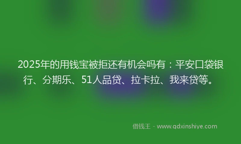 2025年的用钱宝被拒还有机会吗有：平安口袋银行、分期乐、51人品贷、拉卡拉、我来贷等。