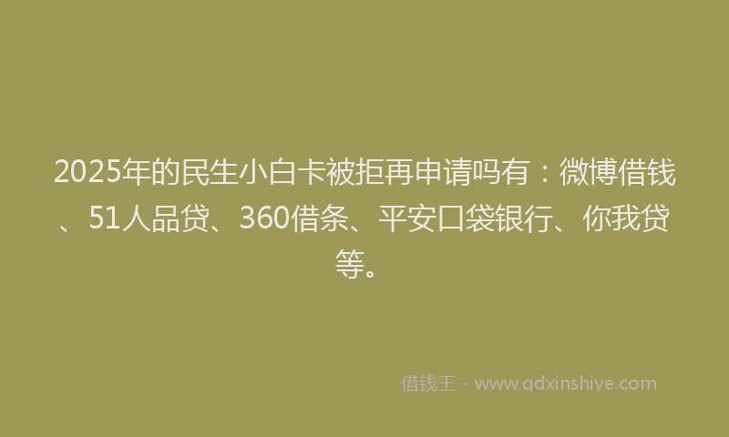 2025年的民生小白卡被拒再申请吗有：微博借钱、51人品贷、360借条、平安口袋银行、你我贷等。
