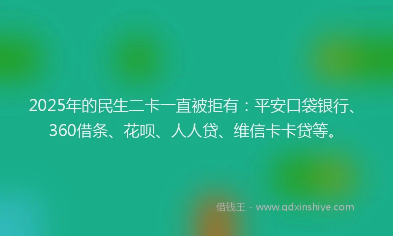 2025年的民生二卡一直被拒有：平安口袋银行、360借条、花呗、人人贷、维信卡卡贷等。