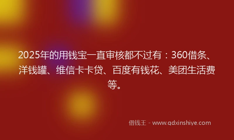 2025年的用钱宝一直审核都不过有：360借条、洋钱罐、维信卡卡贷、百度有钱花、美团生活费等。
