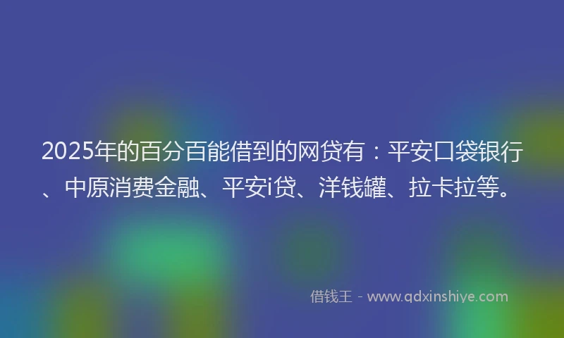 2025年的百分百能借到的网贷有：平安口袋银行、中原消费金融、平安i贷、洋钱罐、拉卡拉等。