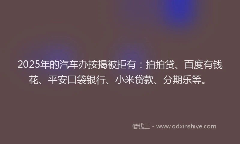 2025年的汽车办按揭被拒有：拍拍贷、百度有钱花、平安口袋银行、小米贷款、分期乐等。