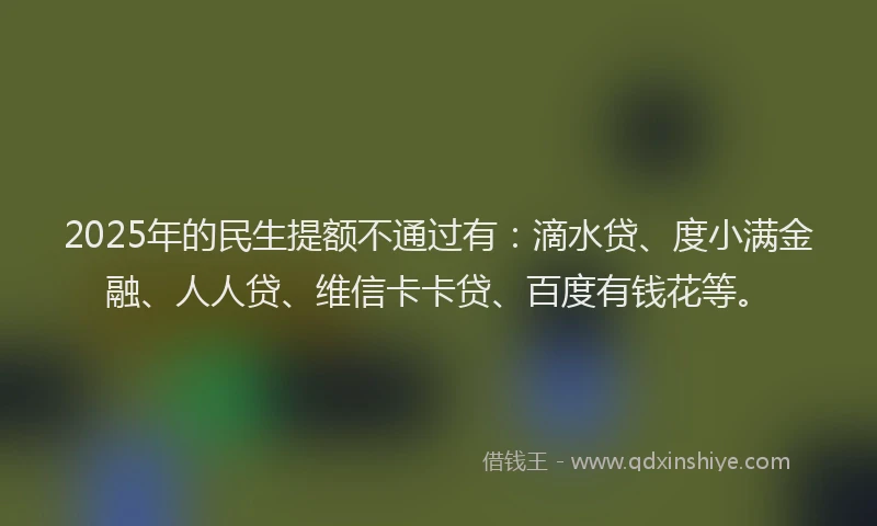 2025年的民生提额不通过有：滴水贷、度小满金融、人人贷、维信卡卡贷、百度有钱花等。