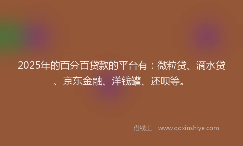 2025年的百分百贷款的平台有：微粒贷、滴水贷、京东金融、洋钱罐、还呗等。